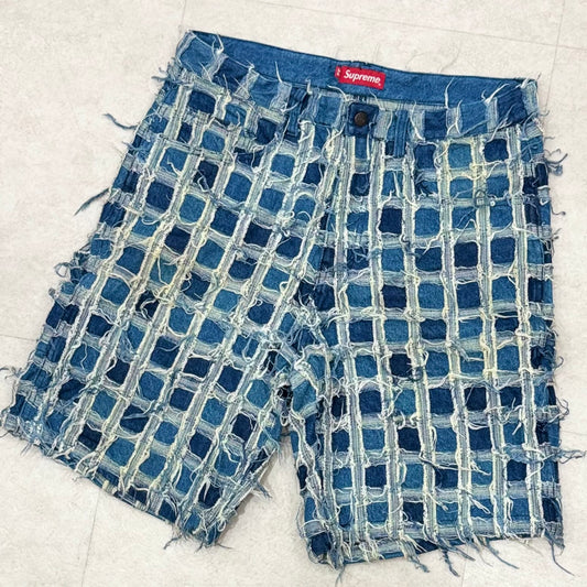 Supreme Frayed Patchwork Baggy Denim Short Washed Blue