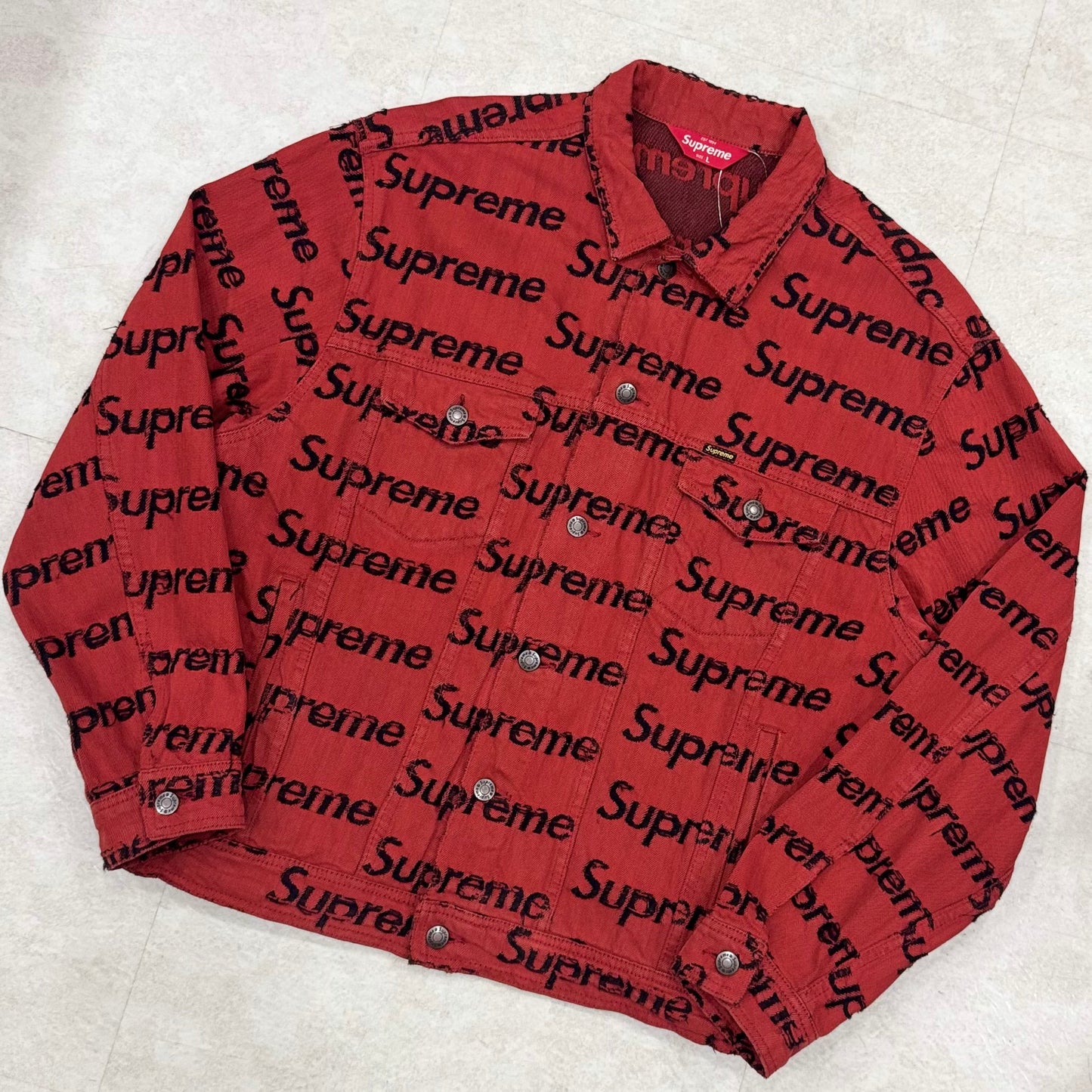 Supreme Frayed Logos Denim Trucker Jacket Red