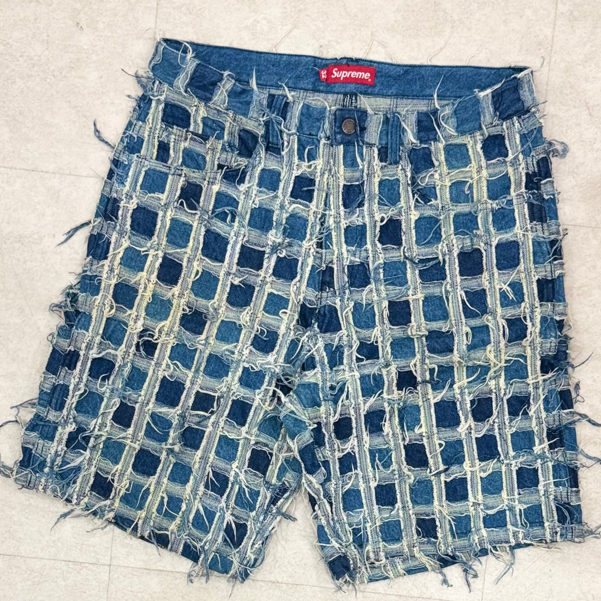 Supreme Frayed Patchwork Baggy Denim Short Pant Washed Blue