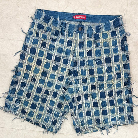 Supreme Frayed Patchwork Baggy Denim Short Pant Washed Blue